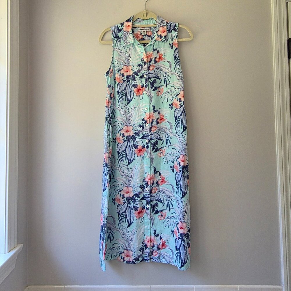 TOMMY BAHAMA Linen Maxi Dress | Small | Button Down Collar Pockets Sleeveless